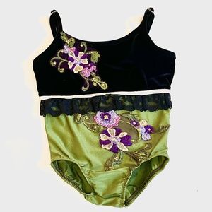 Velvet black and green floral dance costume